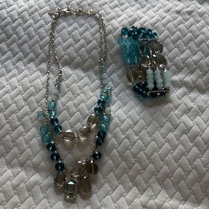 White House Black Market Teal and Gray Beaded Necklace and Bracelet Set